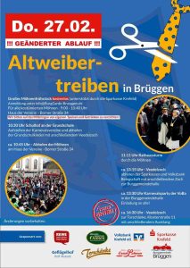 Einladungsplakat zum Altweibertreiben Brüggen 2025 mit Programm und Uhrzeiten